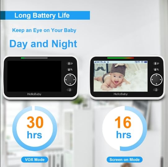 HelloBaby No WiFi Baby Monitor 5" Screen 30-Hour Battery