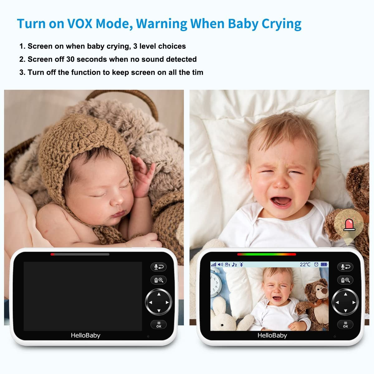 HelloBaby No WiFi Baby Monitor 5" Screen 30-Hour Battery