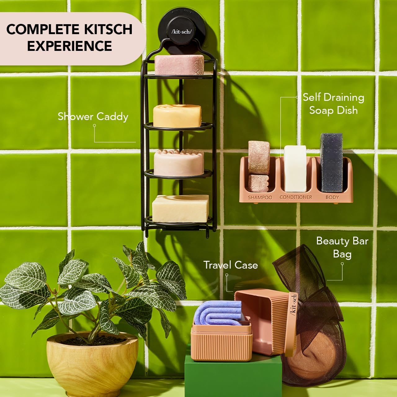 Kitsch Self-Draining Soap Dish for Shower - Recycled Plastic Holder for Shampoo, Conditioner & Body Wash Bars