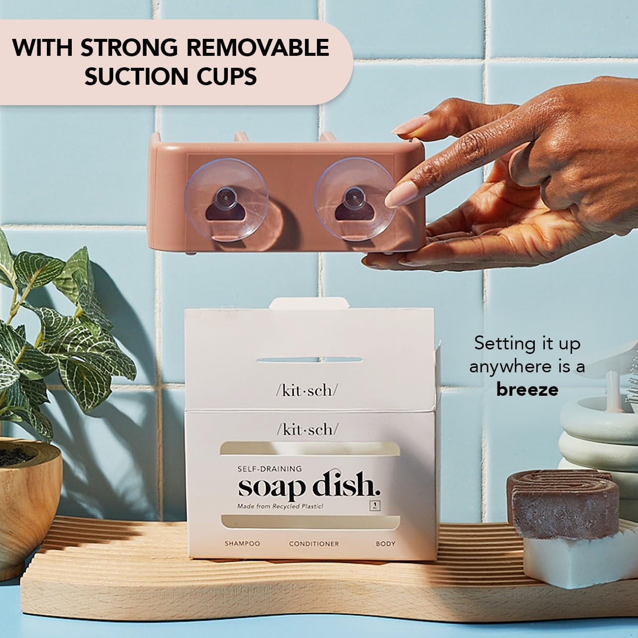 Kitsch Self-Draining Soap Dish for Shower - Recycled Plastic Holder for Shampoo, Conditioner & Body Wash Bars
