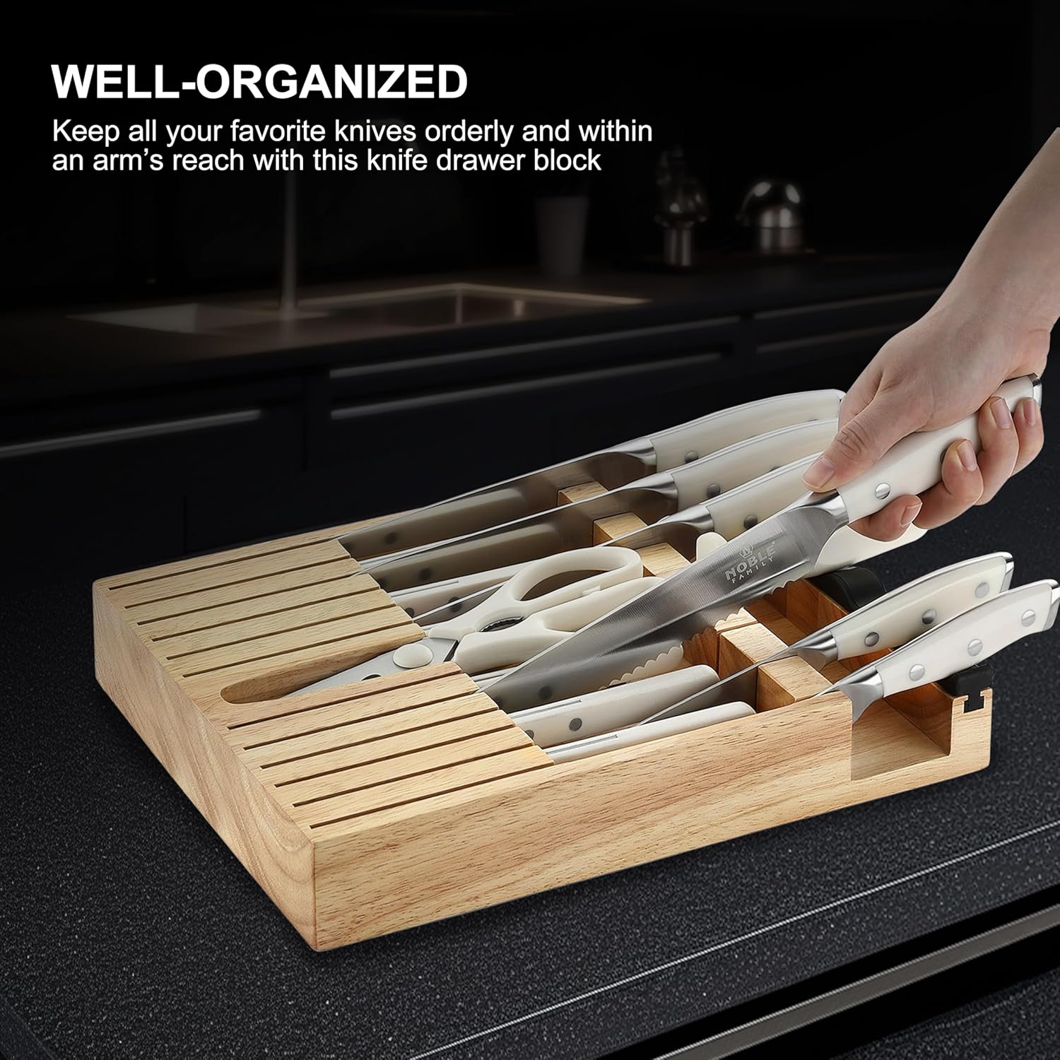 In-drawer Knife Block Set, 16PCS Kitchen Knife Set with Wooden Block