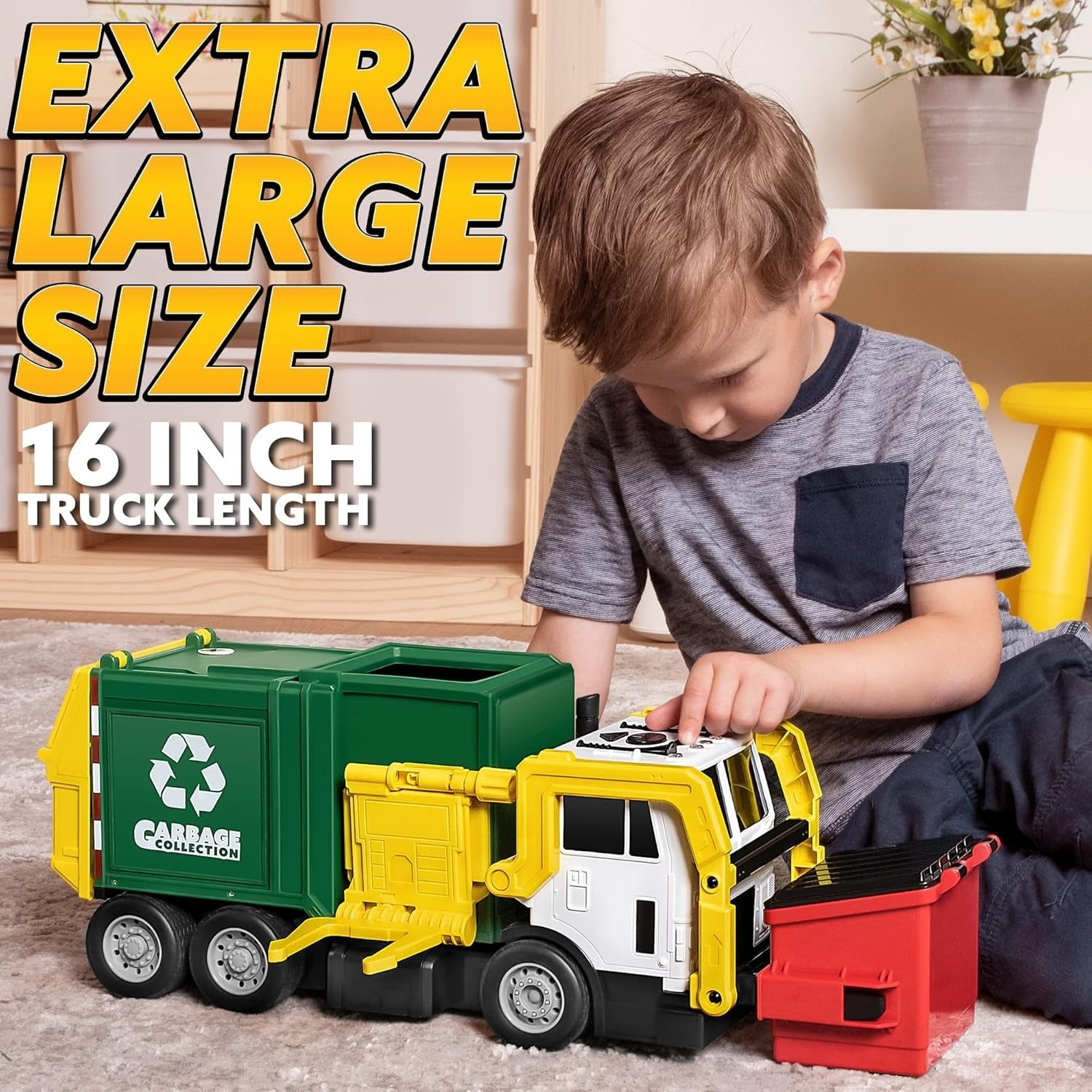 JOYIN Large Friction Powered Garbage Truck Toy Set, Includes Dumpster