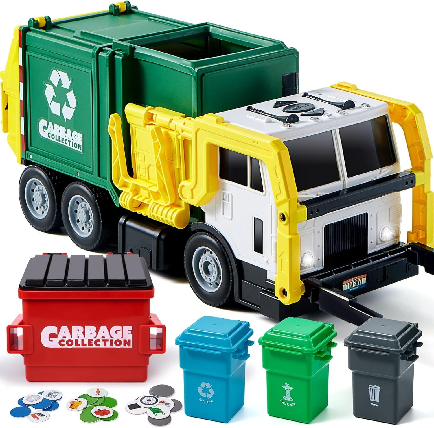 JOYIN Large Friction Powered Garbage Truck Toy Set, Includes Dumpster