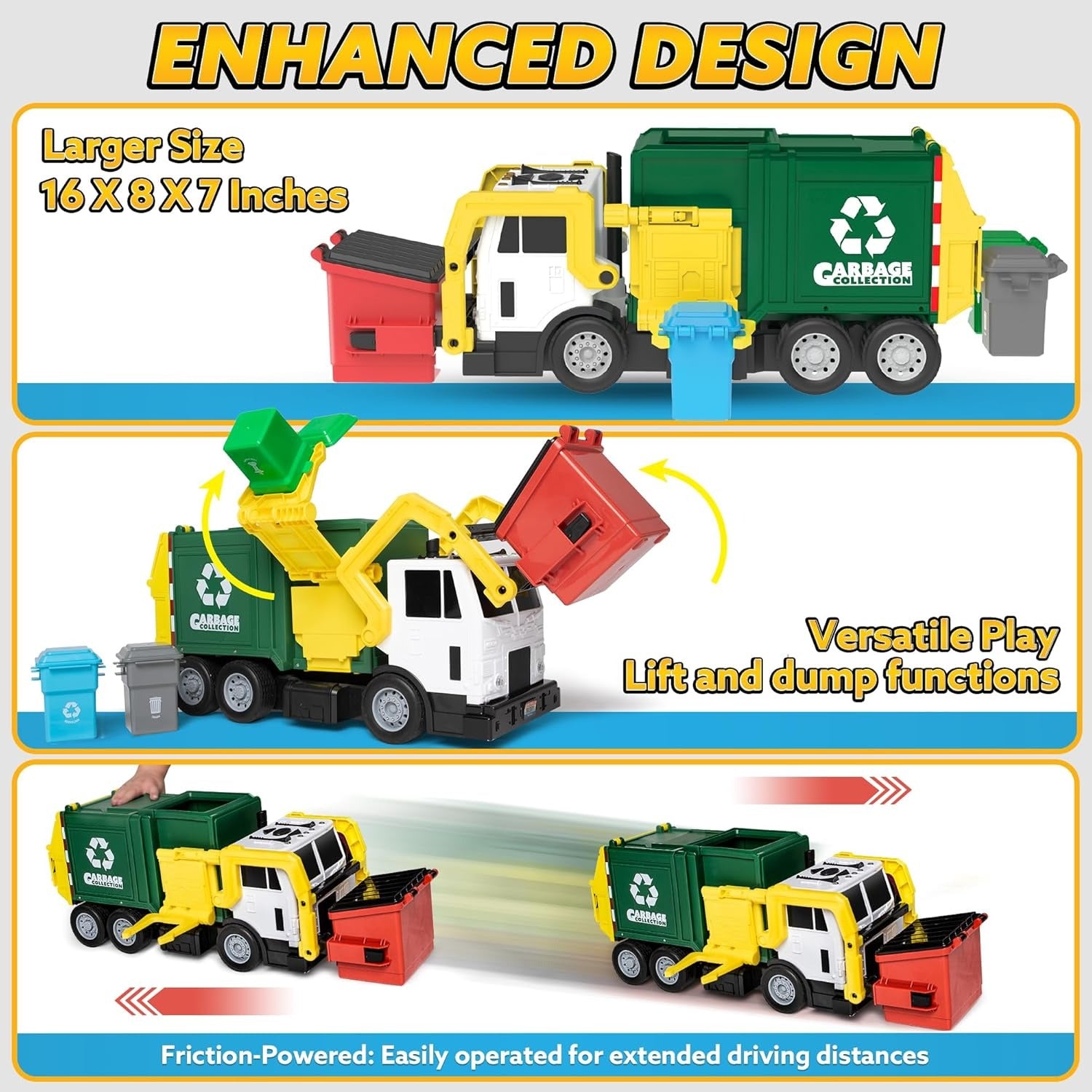 JOYIN Large Friction Powered Garbage Truck Toy Set, Includes Dumpster