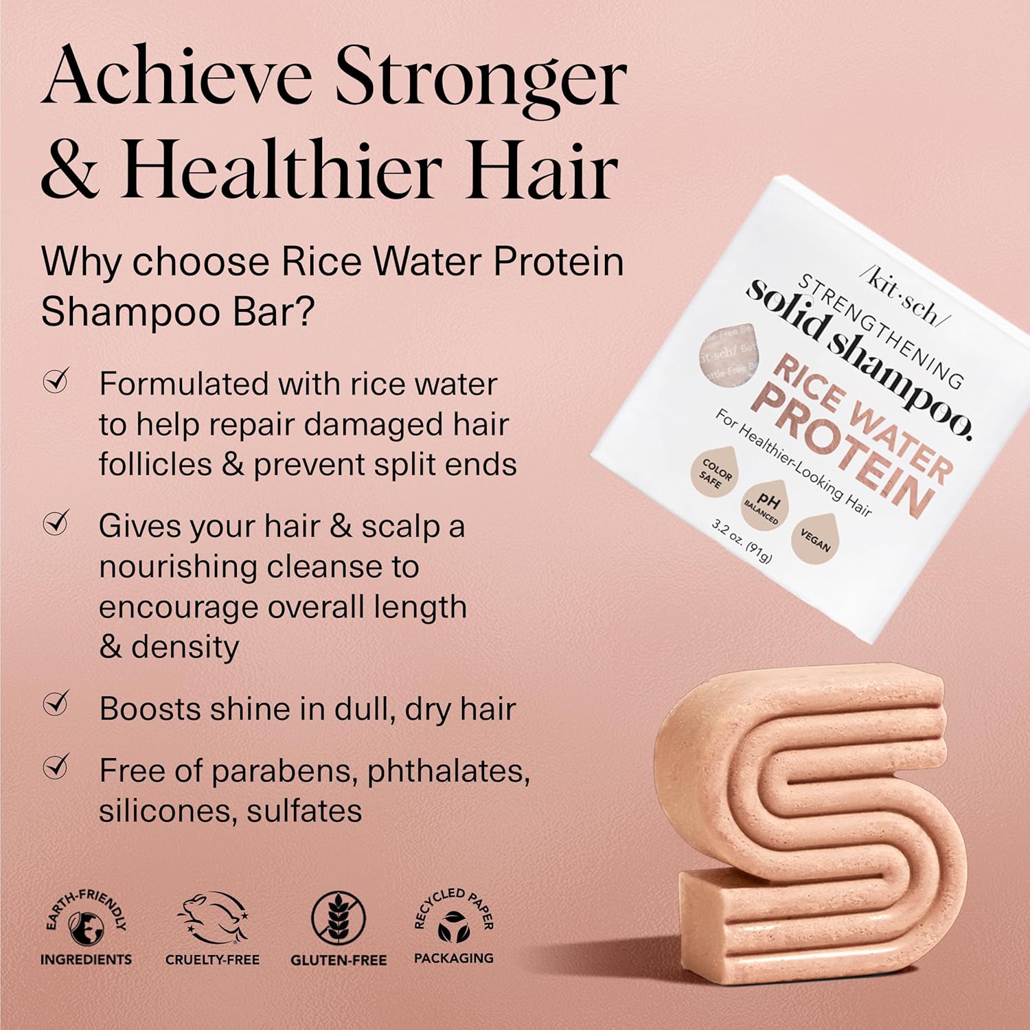 Kitsch Shampoo Bar with Rice Water – Solid Bar Shampoo for Hair Thickening, Strengthening and Moisturizing, Rice Water shampoo bars for Thinning Hair, Paraben-Free, Hair Care, Made in USA, 3.2 oz