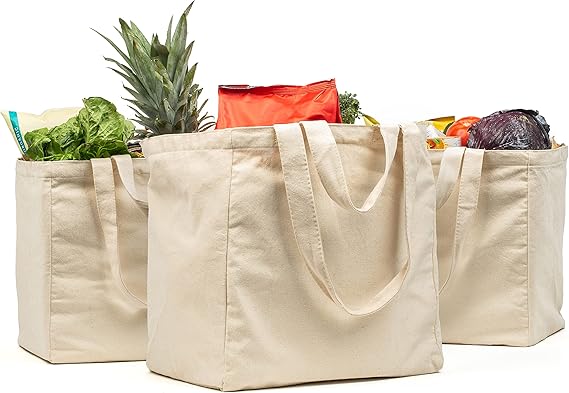 VeraMia Canvas Grocery Bag 3pc XL Set with Real Pockets