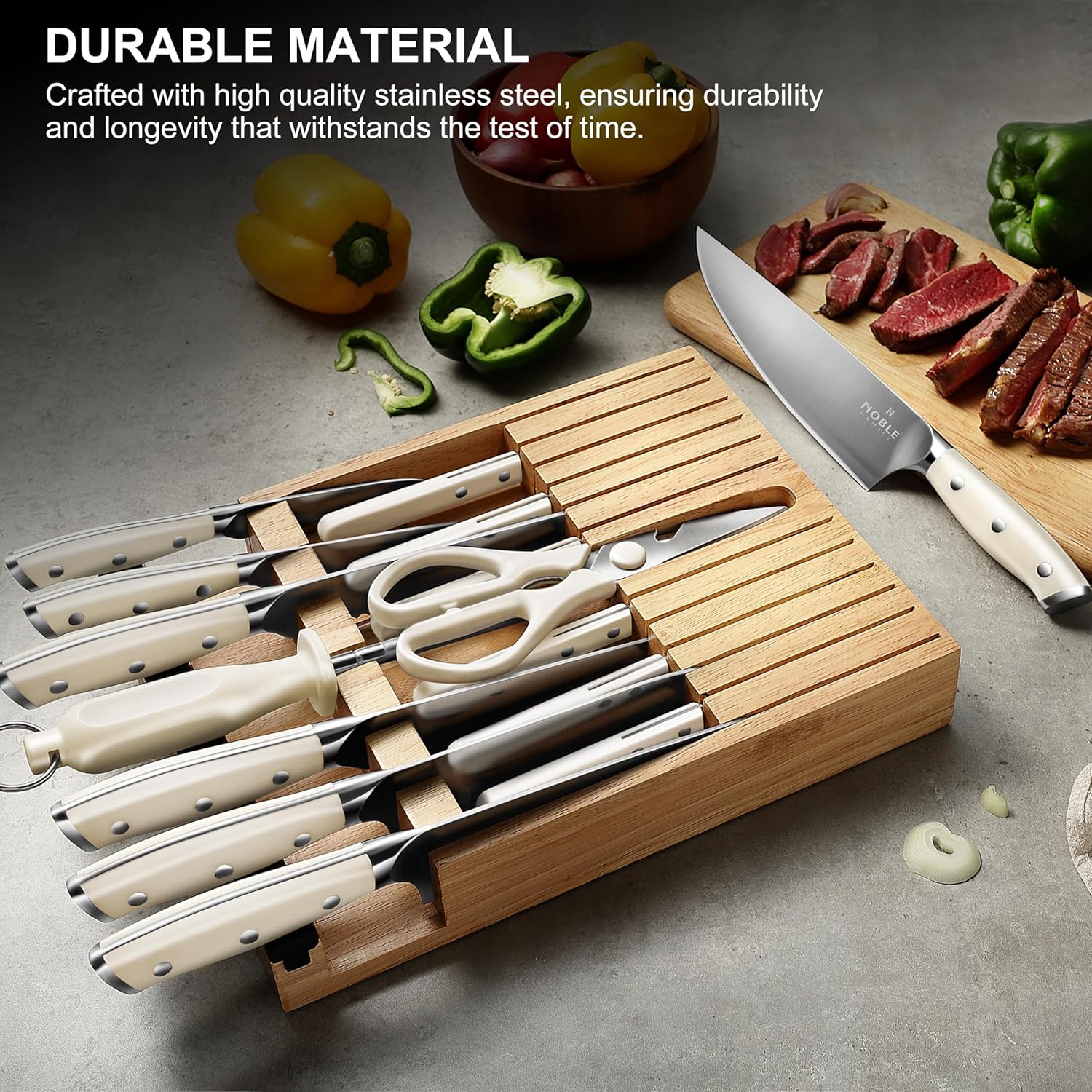 In-drawer Knife Block Set, 16PCS Kitchen Knife Set with Wooden Block